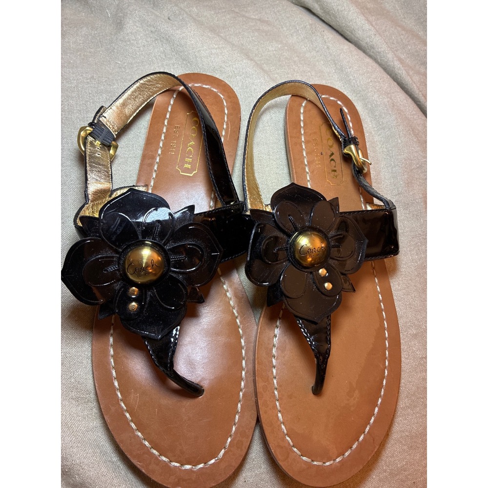 Coach Womens Black Patent Leather‎ Flower Thong Slingback Sandals Size 8 B